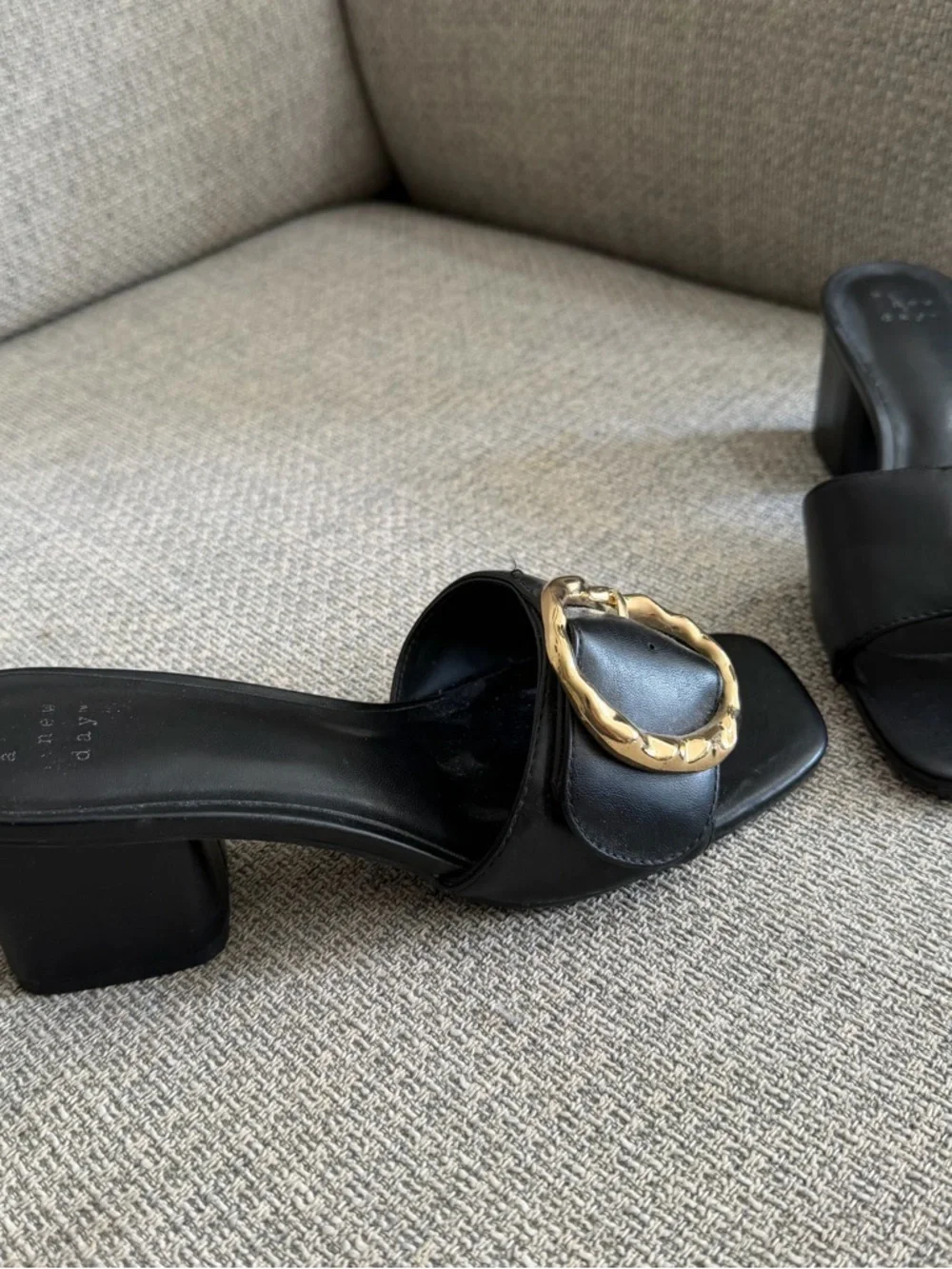 A New Day- Black Slide Heeled Sandals with Gold Buckle - Picture 5 of 8
